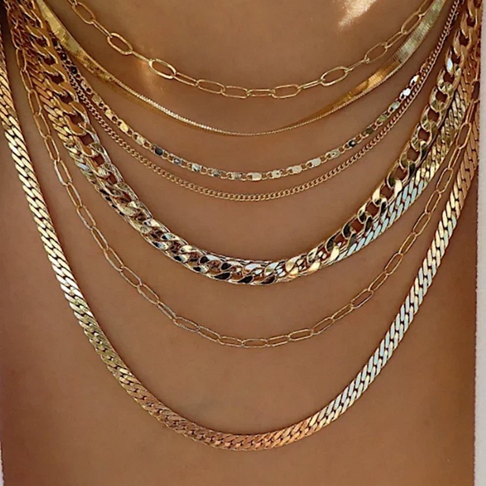 Gold Plated 18K Multilayer Necklace, Chain Link, Paperclip, Cuban